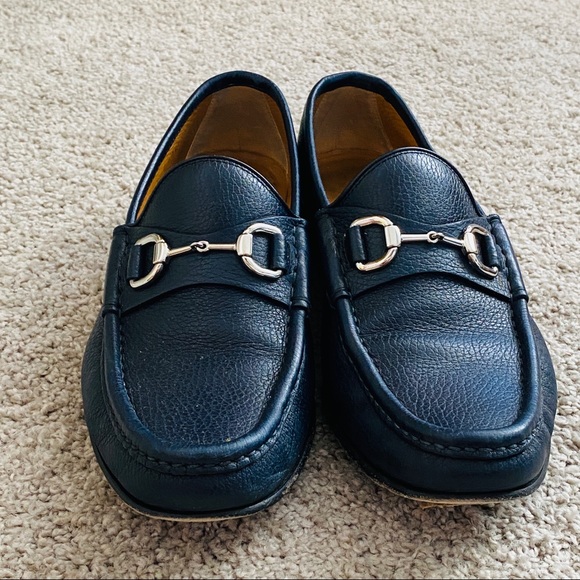Gucci Navy Blue Genuine Pebbled Leather Loafer with Silver Horse-bit Size 7 - Picture 4 of 12